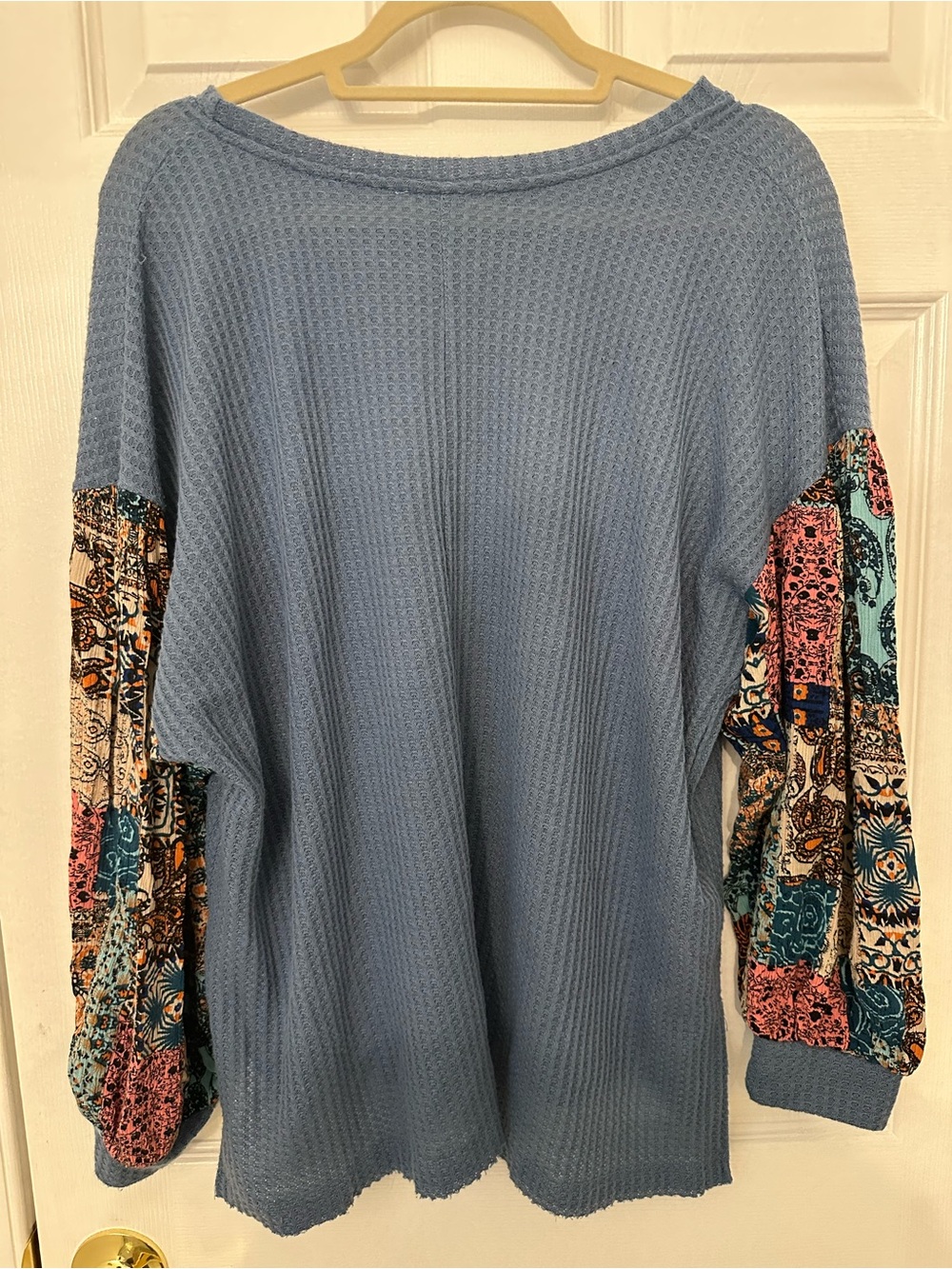 Blue Waffle Knit Top with Patterned Patchwork Sleeves